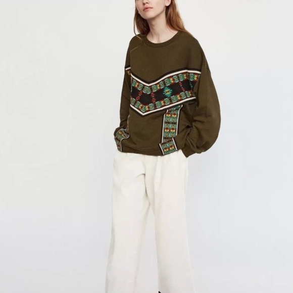 Zara Embroidered Ethnic Khaki Aztec Sweatshirt Top - Picture 3 of 3